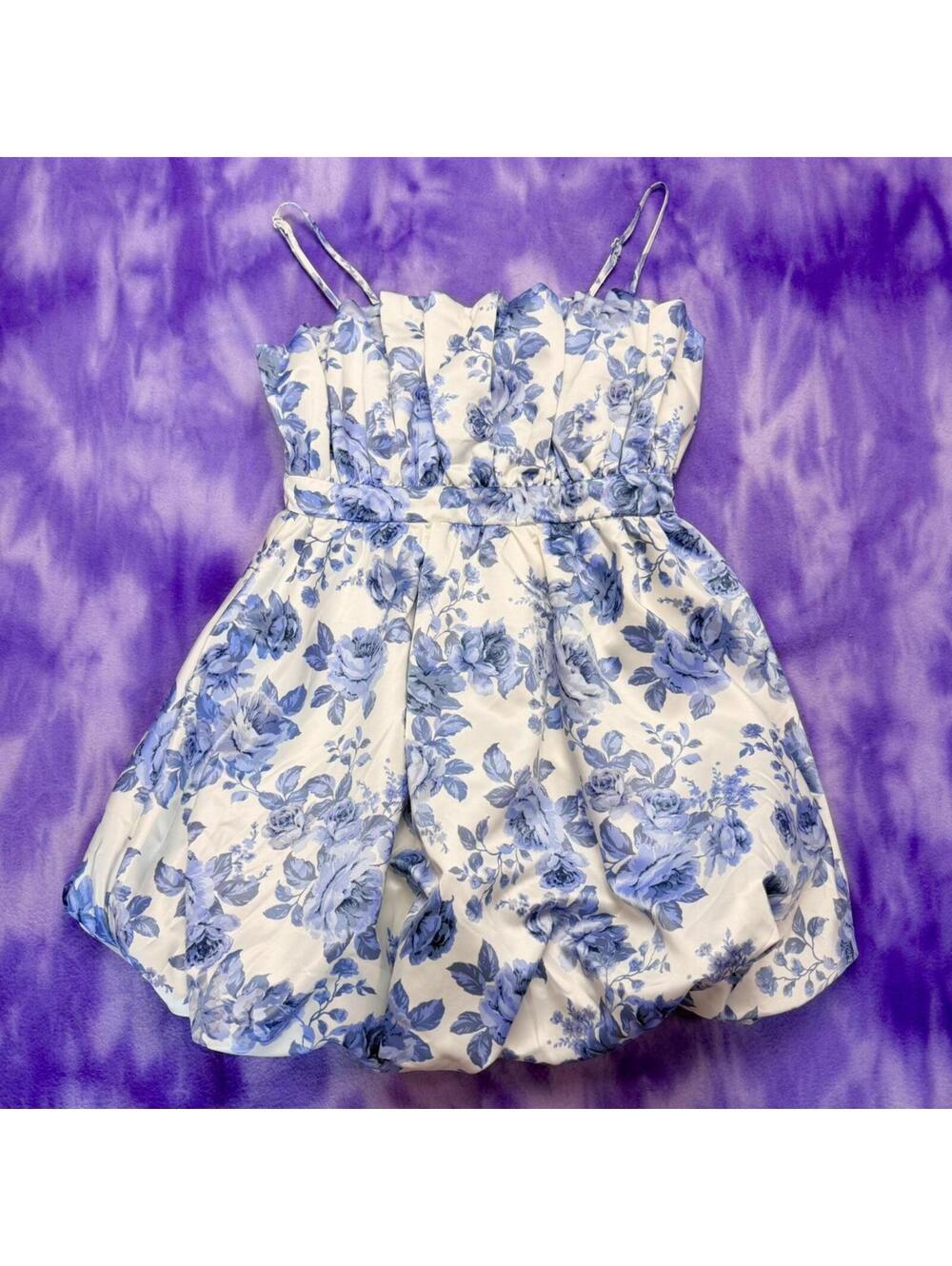 Blue and white floral print strappy dress with puffball hem